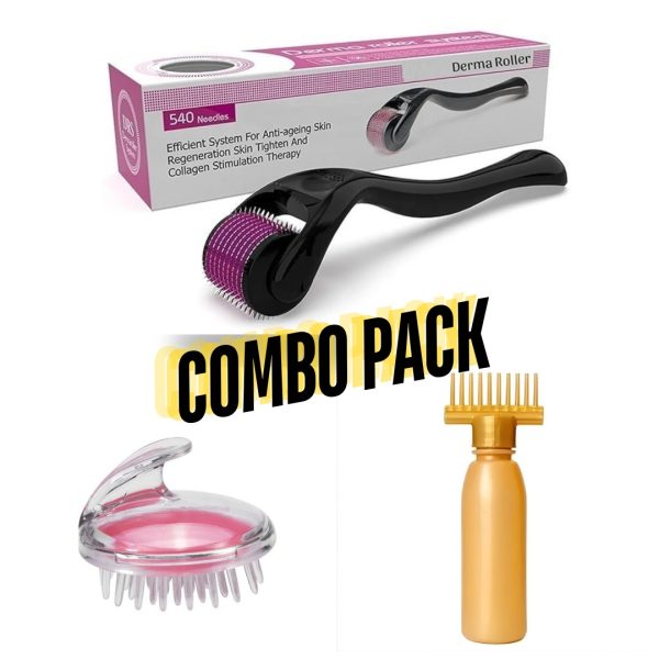3-in-1 Derma Care Set – 0.5mm Derma Roller, Scalp Massage Brush & Oil Bottle | Skin & Hair Growth Combo