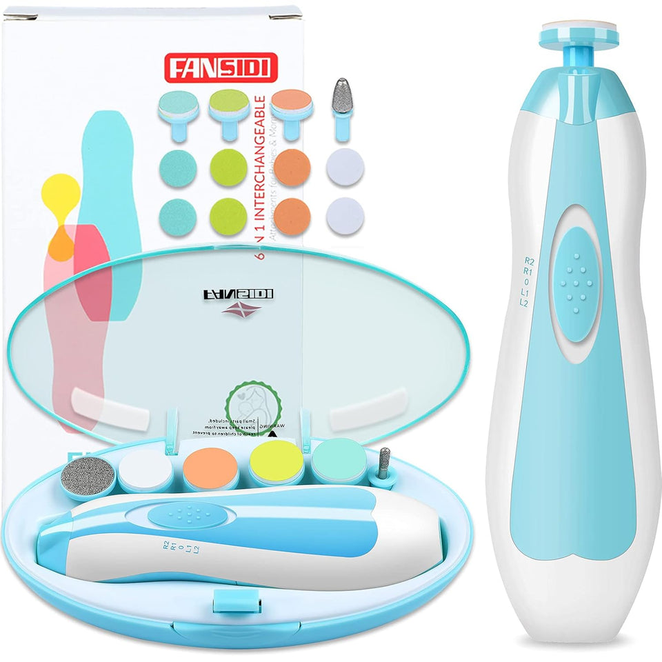 Electric Baby Nail Trimmer & File Kit – Safe, Quiet Clippers with 12 Extra Pads | FANSIDI Infant Nail Care (Blue)