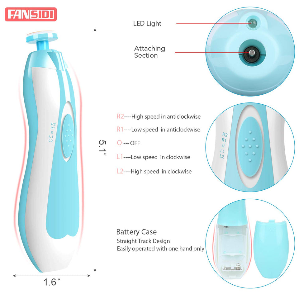 Electric Baby Nail Trimmer & File Kit – Safe, Quiet Clippers with 12 Extra Pads | FANSIDI Infant Nail Care (Blue)