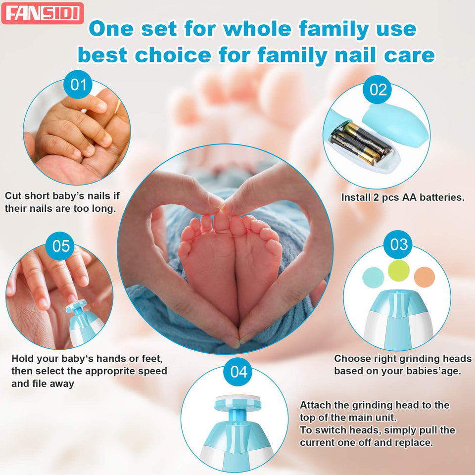 Electric Baby Nail Trimmer & File Kit – Safe, Quiet Clippers with 12 Extra Pads | FANSIDI Infant Nail Care (Blue)